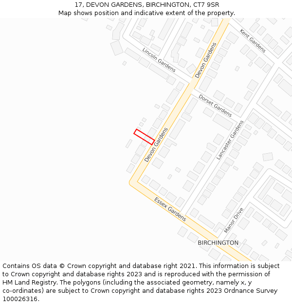 17, DEVON GARDENS, BIRCHINGTON, CT7 9SR: Location map and indicative extent of plot