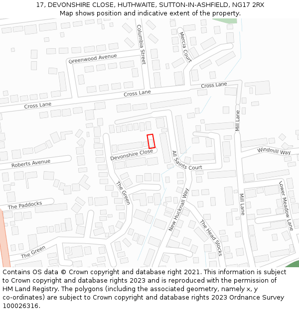 17, DEVONSHIRE CLOSE, HUTHWAITE, SUTTON-IN-ASHFIELD, NG17 2RX: Location map and indicative extent of plot