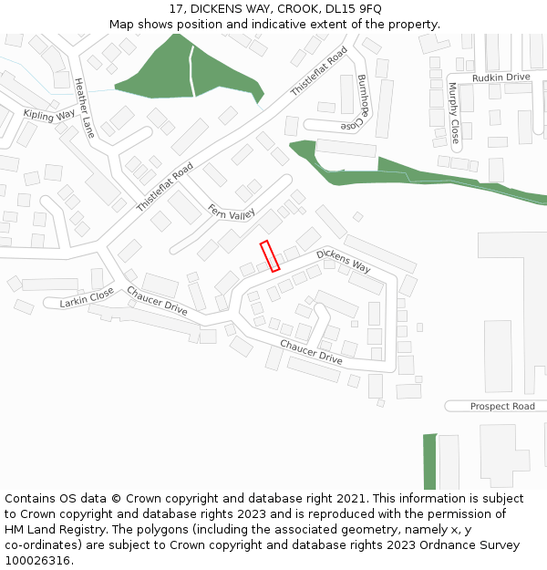 17, DICKENS WAY, CROOK, DL15 9FQ: Location map and indicative extent of plot