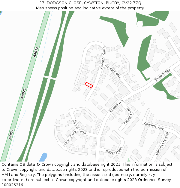 17, DODGSON CLOSE, CAWSTON, RUGBY, CV22 7ZQ: Location map and indicative extent of plot