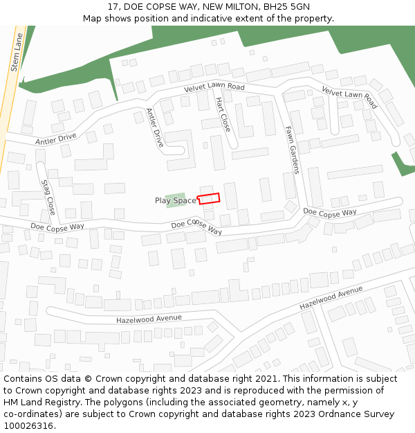 17, DOE COPSE WAY, NEW MILTON, BH25 5GN: Location map and indicative extent of plot