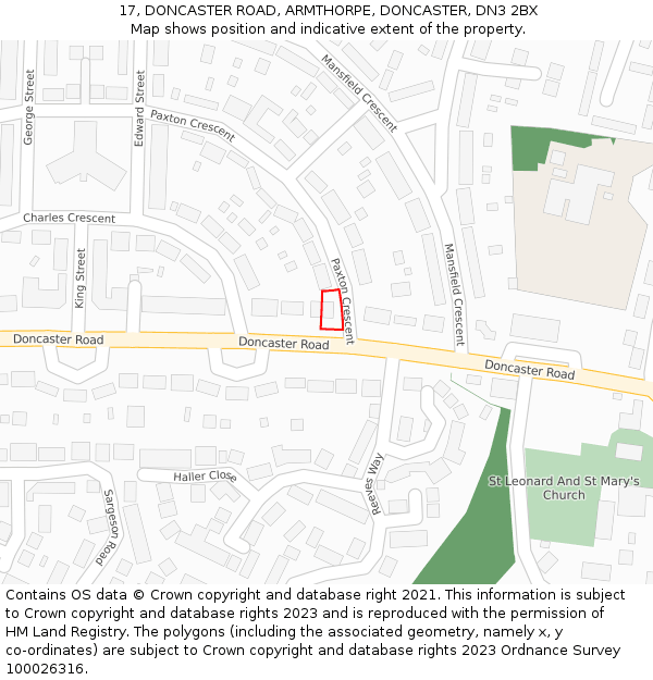 17, DONCASTER ROAD, ARMTHORPE, DONCASTER, DN3 2BX: Location map and indicative extent of plot