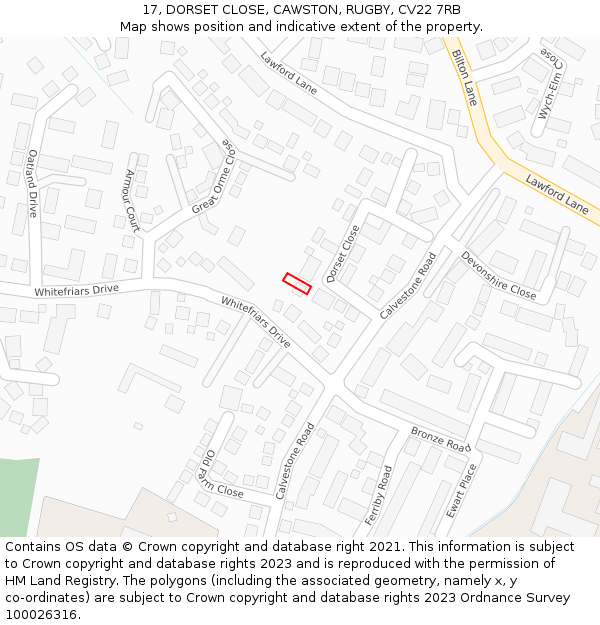 17, DORSET CLOSE, CAWSTON, RUGBY, CV22 7RB: Location map and indicative extent of plot