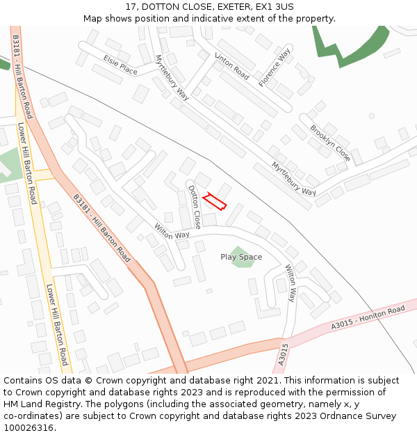 17, DOTTON CLOSE, EXETER, EX1 3US: Location map and indicative extent of plot