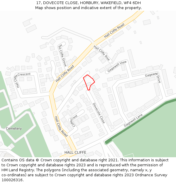 17, DOVECOTE CLOSE, HORBURY, WAKEFIELD, WF4 6DH: Location map and indicative extent of plot