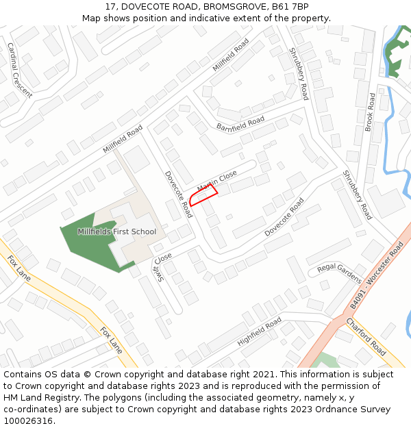 17, DOVECOTE ROAD, BROMSGROVE, B61 7BP: Location map and indicative extent of plot