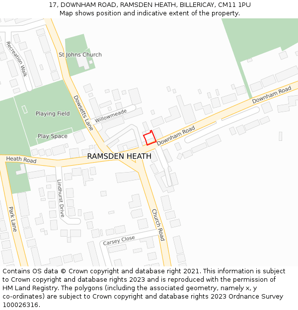 17, DOWNHAM ROAD, RAMSDEN HEATH, BILLERICAY, CM11 1PU: Location map and indicative extent of plot