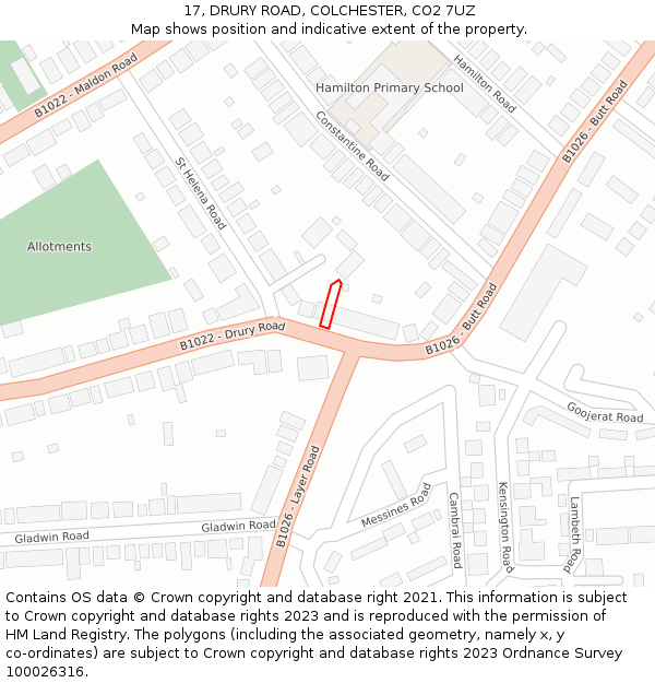 17, DRURY ROAD, COLCHESTER, CO2 7UZ: Location map and indicative extent of plot