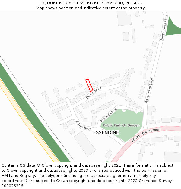 17, DUNLIN ROAD, ESSENDINE, STAMFORD, PE9 4UU: Location map and indicative extent of plot