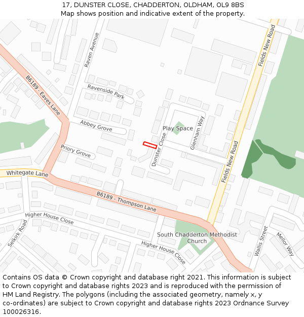 17, DUNSTER CLOSE, CHADDERTON, OLDHAM, OL9 8BS: Location map and indicative extent of plot