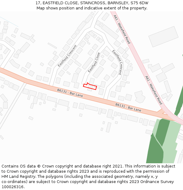 17, EASTFIELD CLOSE, STAINCROSS, BARNSLEY, S75 6DW: Location map and indicative extent of plot