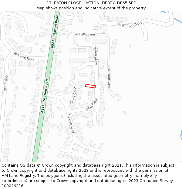 17, EATON CLOSE, HATTON, DERBY, DE65 5ED: Location map and indicative extent of plot