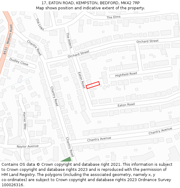 17, EATON ROAD, KEMPSTON, BEDFORD, MK42 7RP: Location map and indicative extent of plot