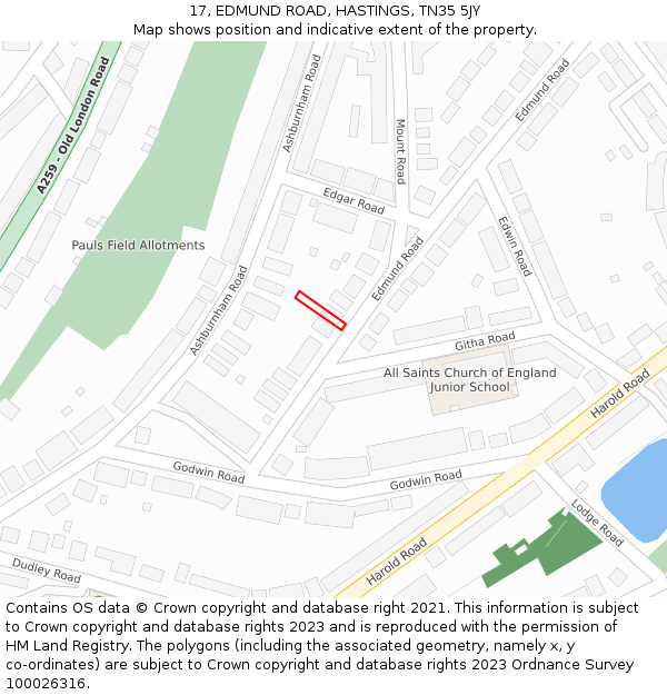 17, EDMUND ROAD, HASTINGS, TN35 5JY: Location map and indicative extent of plot