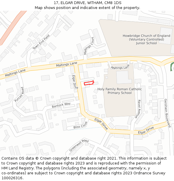 17, ELGAR DRIVE, WITHAM, CM8 1DS: Location map and indicative extent of plot