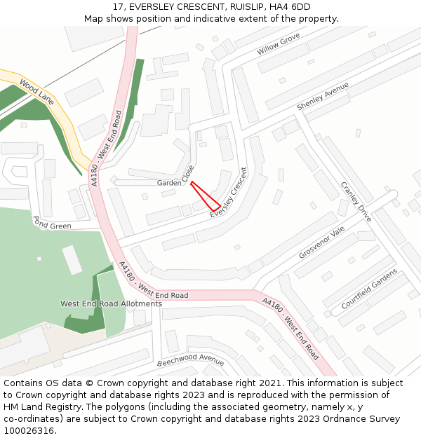 17, EVERSLEY CRESCENT, RUISLIP, HA4 6DD: Location map and indicative extent of plot