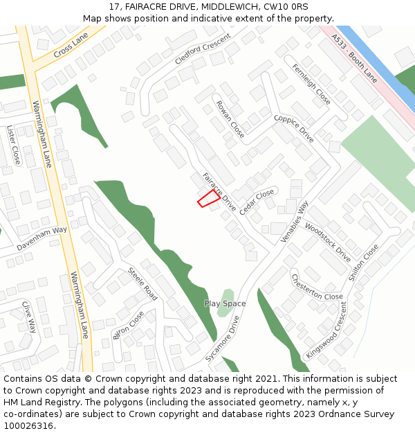 17, FAIRACRE DRIVE, MIDDLEWICH, CW10 0RS: Location map and indicative extent of plot