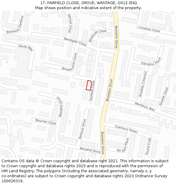 17, FAIRFIELD CLOSE, GROVE, WANTAGE, OX12 0NQ: Location map and indicative extent of plot
