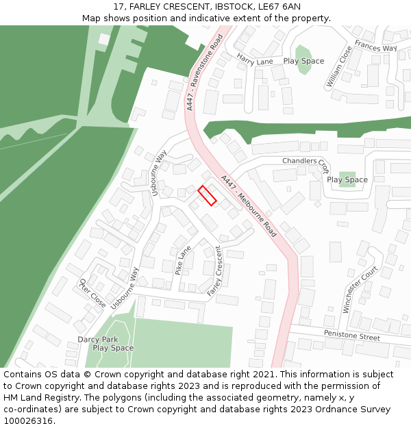 17, FARLEY CRESCENT, IBSTOCK, LE67 6AN: Location map and indicative extent of plot