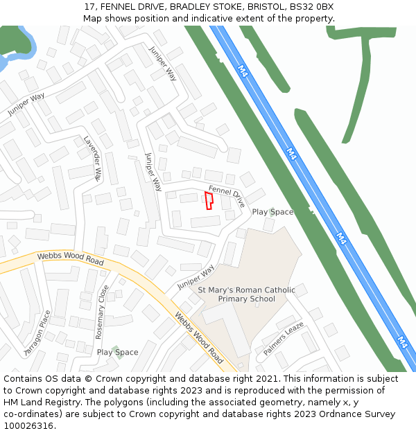 17, FENNEL DRIVE, BRADLEY STOKE, BRISTOL, BS32 0BX: Location map and indicative extent of plot