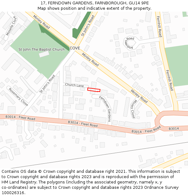 17, FERNDOWN GARDENS, FARNBOROUGH, GU14 9PE: Location map and indicative extent of plot