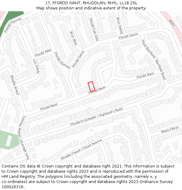 17, FFORDD NANT, RHUDDLAN, RHYL, LL18 2SL: Location map and indicative extent of plot