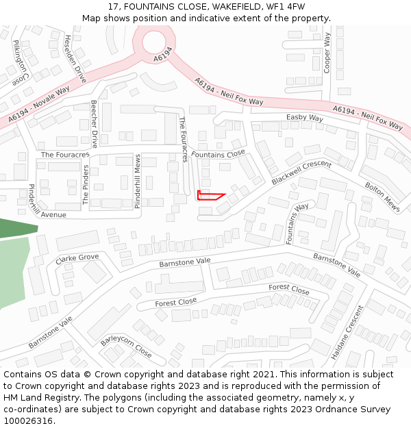 17, FOUNTAINS CLOSE, WAKEFIELD, WF1 4FW: Location map and indicative extent of plot