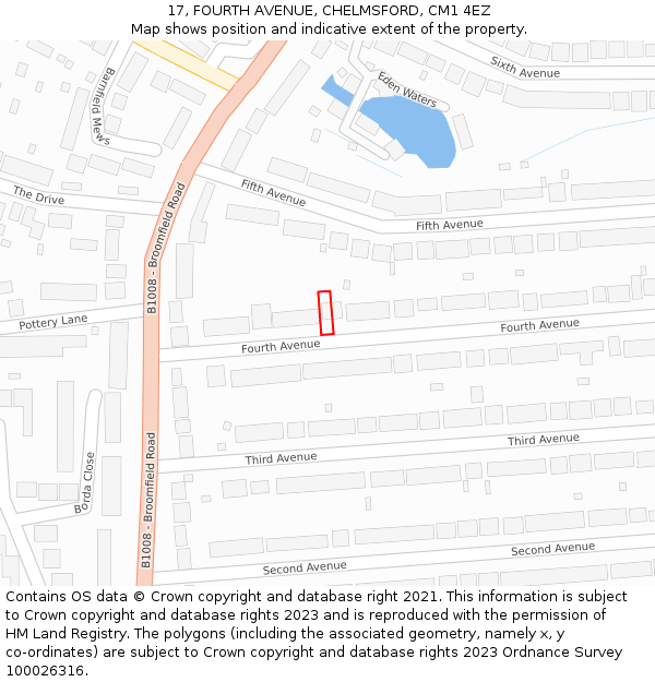 17, FOURTH AVENUE, CHELMSFORD, CM1 4EZ: Location map and indicative extent of plot