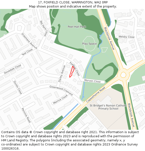 17, FOXFIELD CLOSE, WARRINGTON, WA2 0RP: Location map and indicative extent of plot