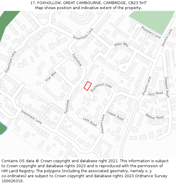 17, FOXHOLLOW, GREAT CAMBOURNE, CAMBRIDGE, CB23 5HT: Location map and indicative extent of plot