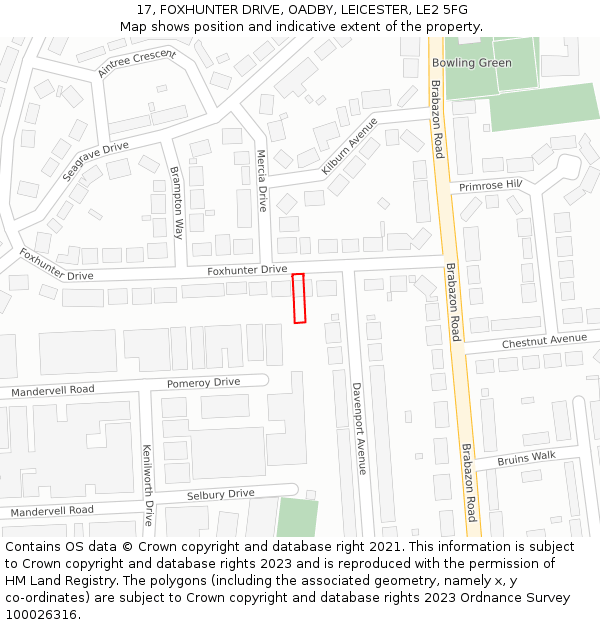 17, FOXHUNTER DRIVE, OADBY, LEICESTER, LE2 5FG: Location map and indicative extent of plot