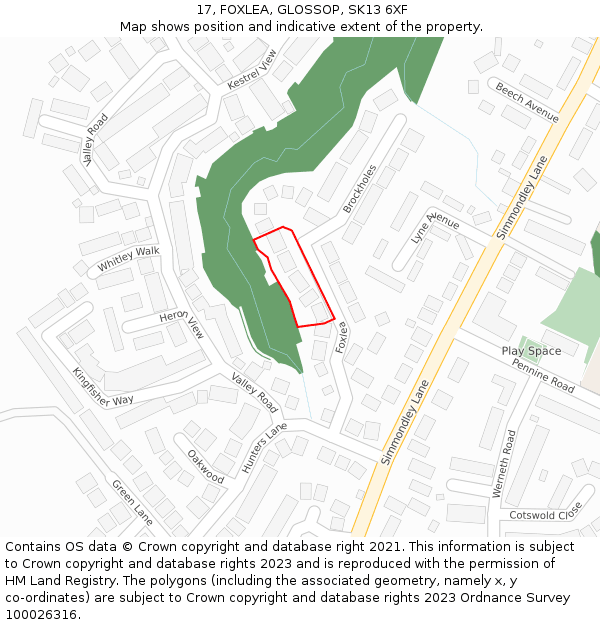 17, FOXLEA, GLOSSOP, SK13 6XF: Location map and indicative extent of plot