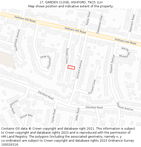 17, GARDEN CLOSE, ASHFORD, TW15 1LH: Location map and indicative extent of plot