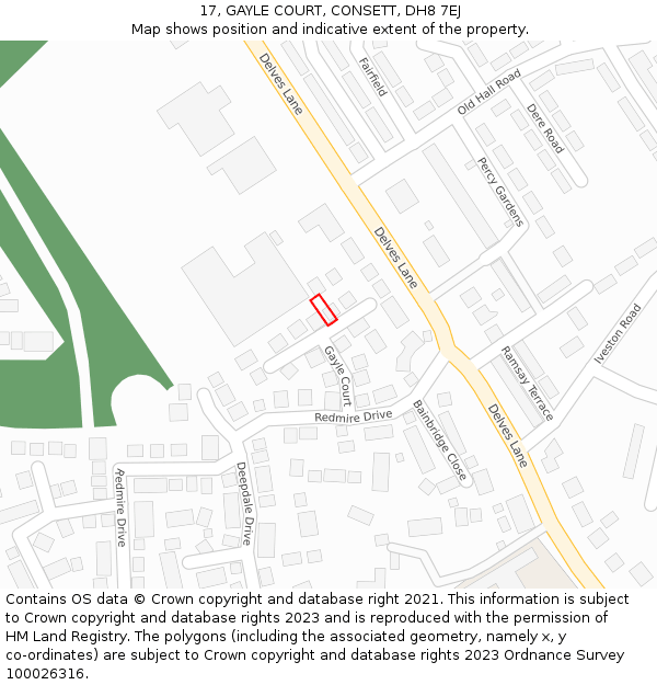 17, GAYLE COURT, CONSETT, DH8 7EJ: Location map and indicative extent of plot