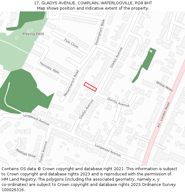 17, GLADYS AVENUE, COWPLAIN, WATERLOOVILLE, PO8 8HT: Location map and indicative extent of plot