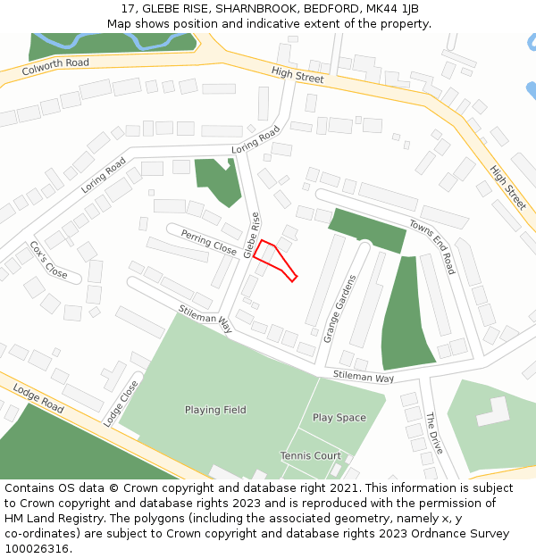 17, GLEBE RISE, SHARNBROOK, BEDFORD, MK44 1JB: Location map and indicative extent of plot