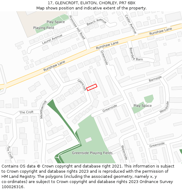 17, GLENCROFT, EUXTON, CHORLEY, PR7 6BX: Location map and indicative extent of plot