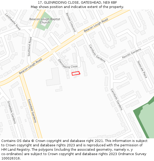 17, GLENRIDDING CLOSE, GATESHEAD, NE9 6BF: Location map and indicative extent of plot