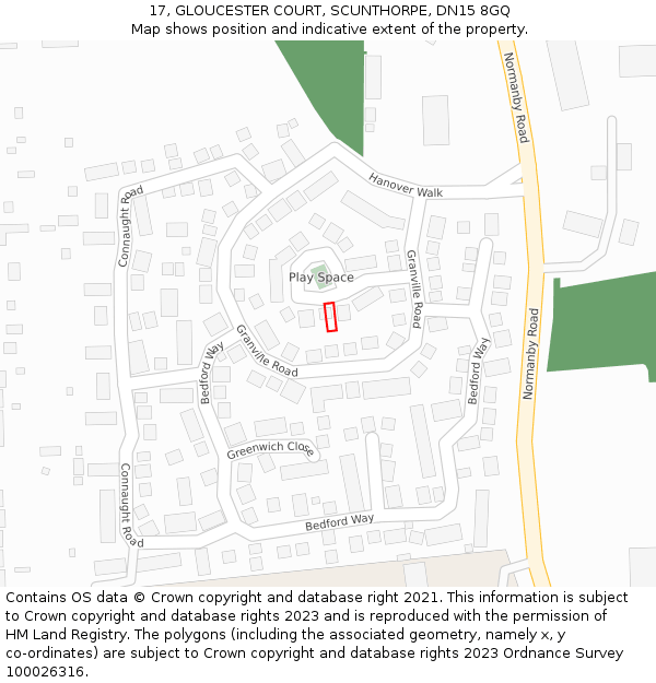 17, GLOUCESTER COURT, SCUNTHORPE, DN15 8GQ: Location map and indicative extent of plot