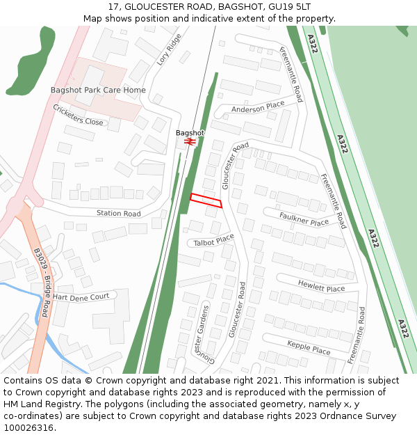 17, GLOUCESTER ROAD, BAGSHOT, GU19 5LT: Location map and indicative extent of plot