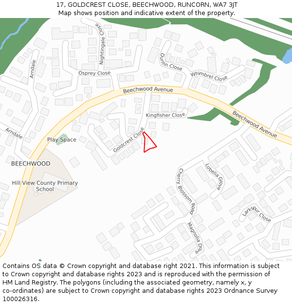 17, GOLDCREST CLOSE, BEECHWOOD, RUNCORN, WA7 3JT: Location map and indicative extent of plot