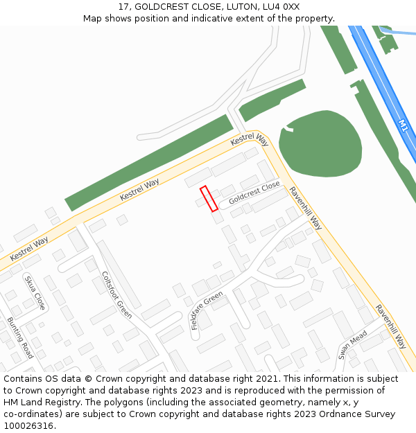 17, GOLDCREST CLOSE, LUTON, LU4 0XX: Location map and indicative extent of plot