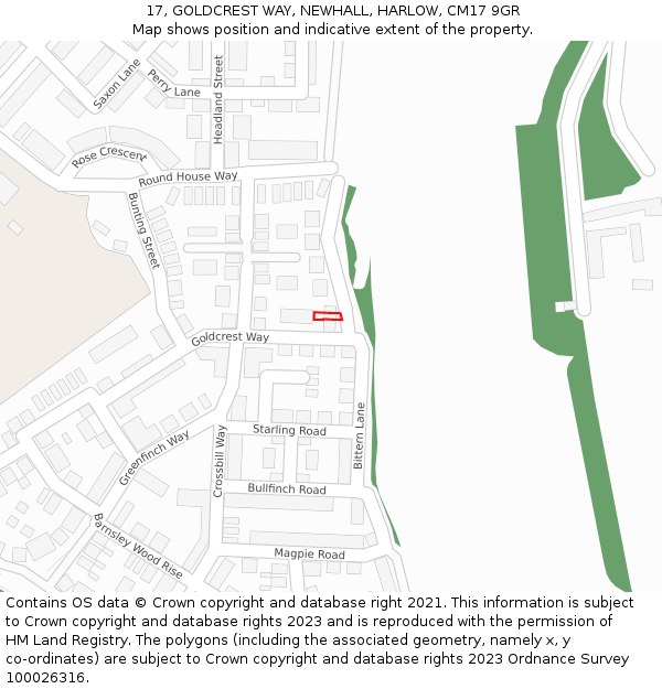 17, GOLDCREST WAY, NEWHALL, HARLOW, CM17 9GR: Location map and indicative extent of plot