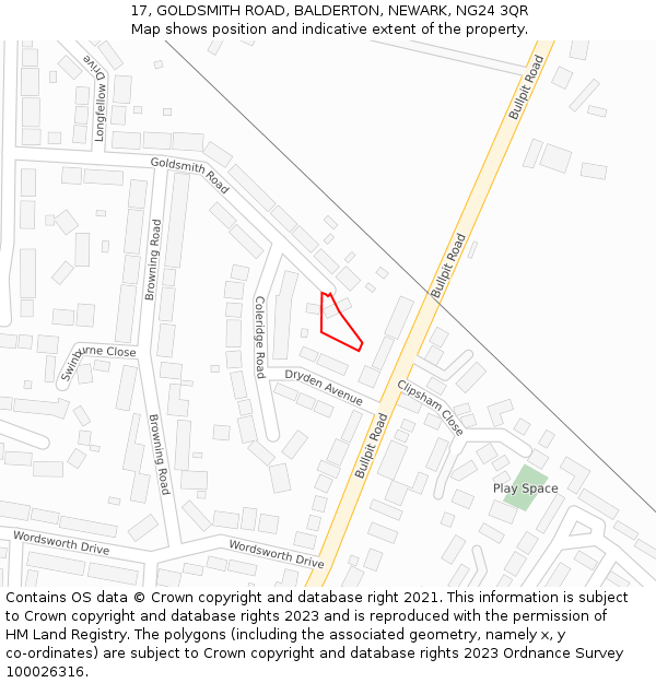 17, GOLDSMITH ROAD, BALDERTON, NEWARK, NG24 3QR: Location map and indicative extent of plot