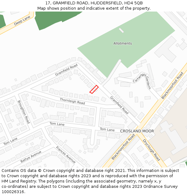 17, GRAMFIELD ROAD, HUDDERSFIELD, HD4 5QB: Location map and indicative extent of plot