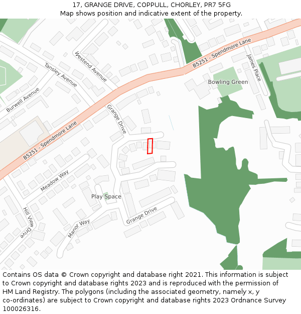 17, GRANGE DRIVE, COPPULL, CHORLEY, PR7 5FG: Location map and indicative extent of plot