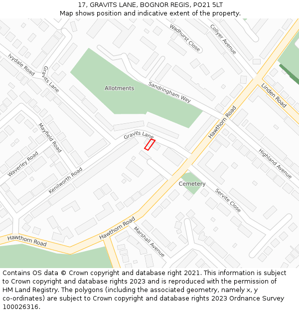 17, GRAVITS LANE, BOGNOR REGIS, PO21 5LT: Location map and indicative extent of plot