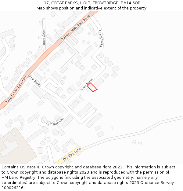 17, GREAT PARKS, HOLT, TROWBRIDGE, BA14 6QP: Location map and indicative extent of plot