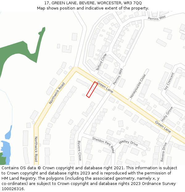 17, GREEN LANE, BEVERE, WORCESTER, WR3 7QQ: Location map and indicative extent of plot