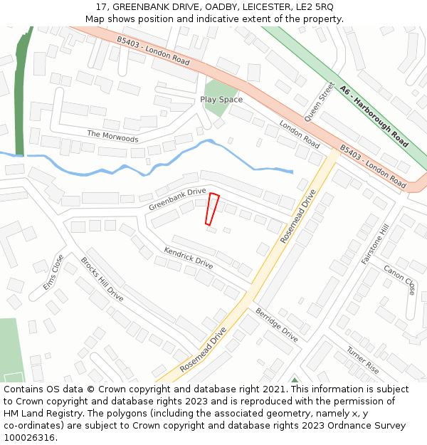 17, GREENBANK DRIVE, OADBY, LEICESTER, LE2 5RQ: Location map and indicative extent of plot